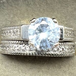 Sterling Silver Aqua CZ Solitaire- Bridal Set/Engagement Ring & Wedding Band